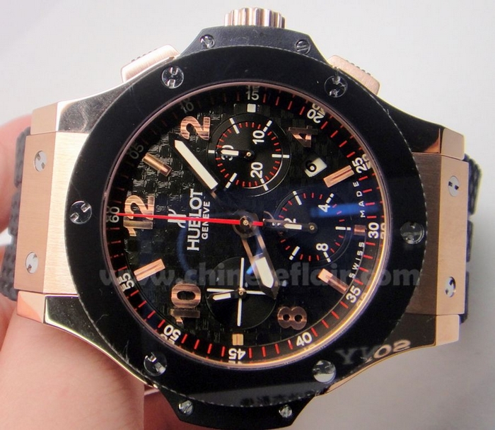 HUBLOT BIG BANG GOLD & BLACK CERAMIC W/ BLACK CARBIN-FIBER DIAL